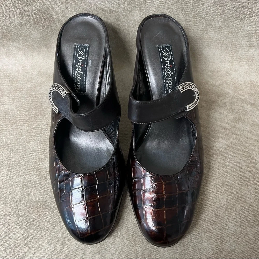 Brighton BEAU Bronze Patent Leather Croc Shoes Mules Heels Sz 4